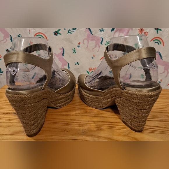 Castaner Metallic Gold Silk & Jute Wedge Boho Neutral Peep Toe Heel Shoe SZ 38 - Picture 4 of 9